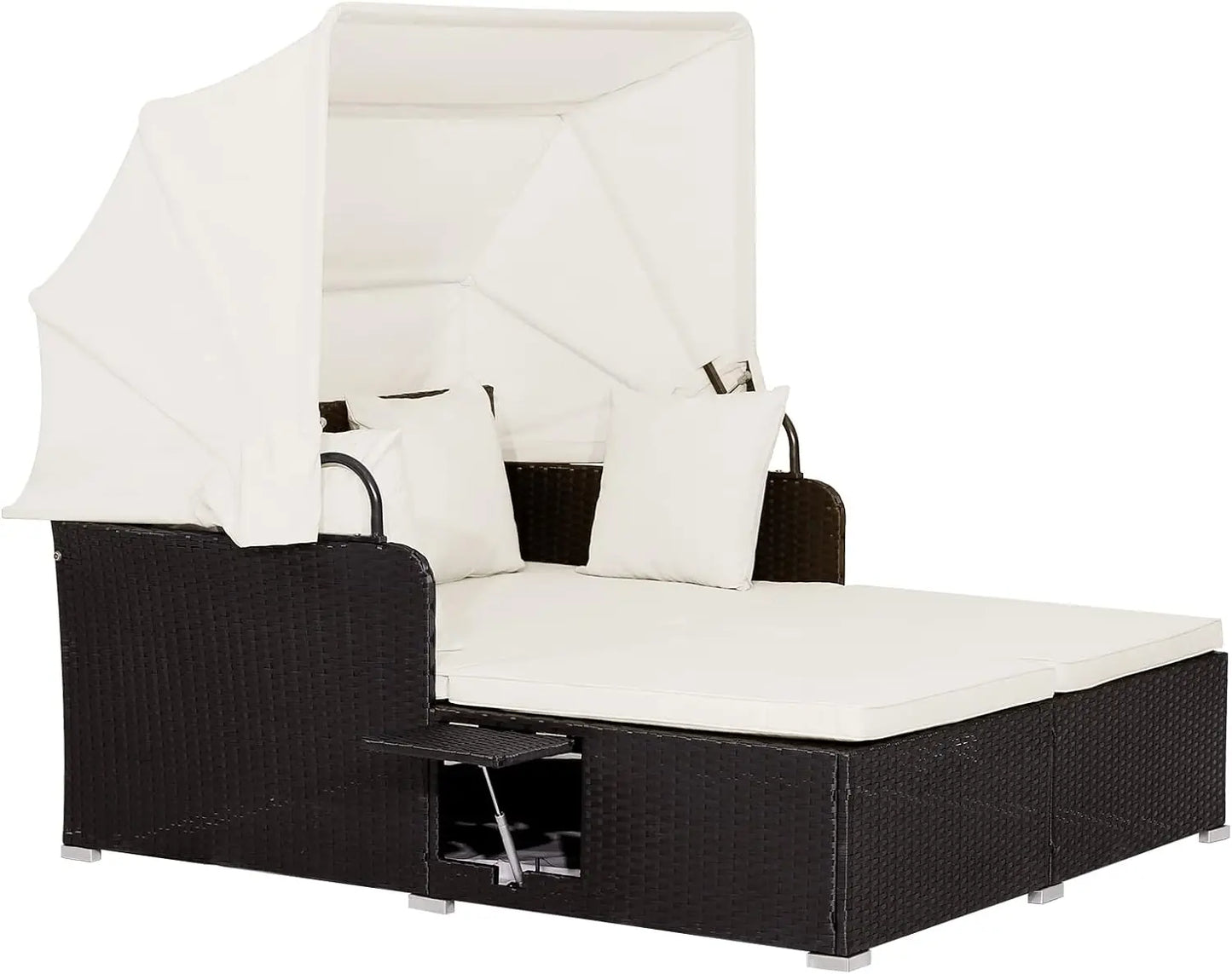 Patio Outdoor Daybed with Canopy, Wicker Sunbed w/Cushions, 4 Pillows & 2 Retractable Side Trays, 2-Person Lounge Bed