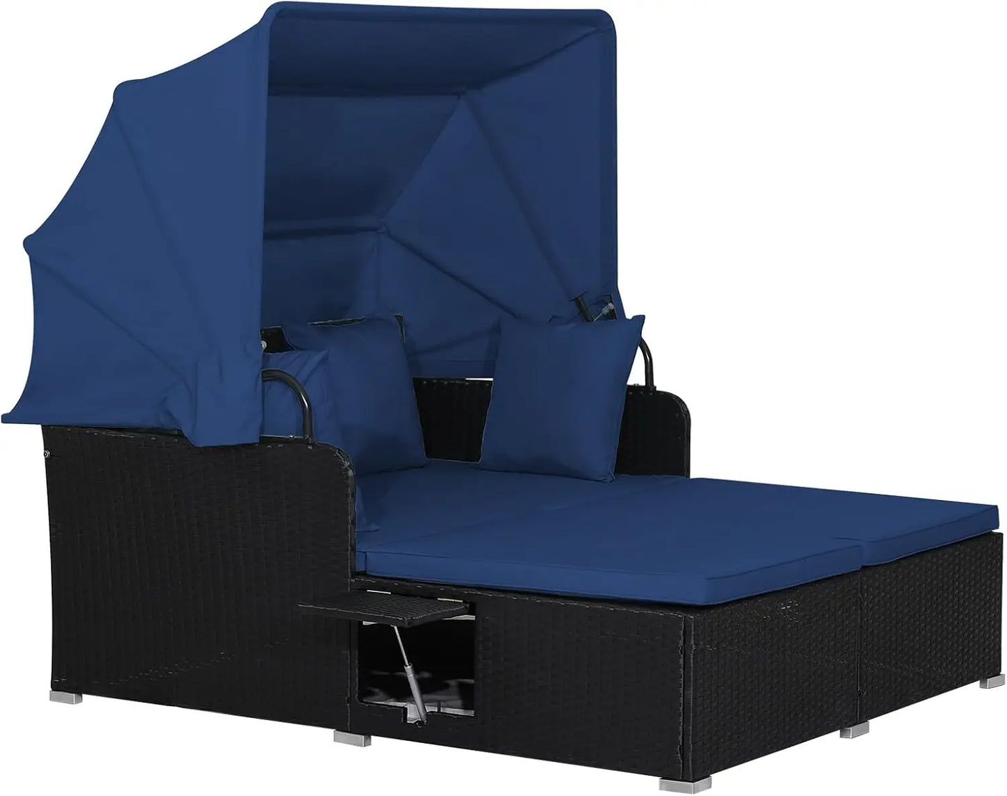 Patio Outdoor Daybed with Canopy, Wicker Sunbed w/Cushions, 4 Pillows & 2 Retractable Side Trays, 2-Person Lounge Bed