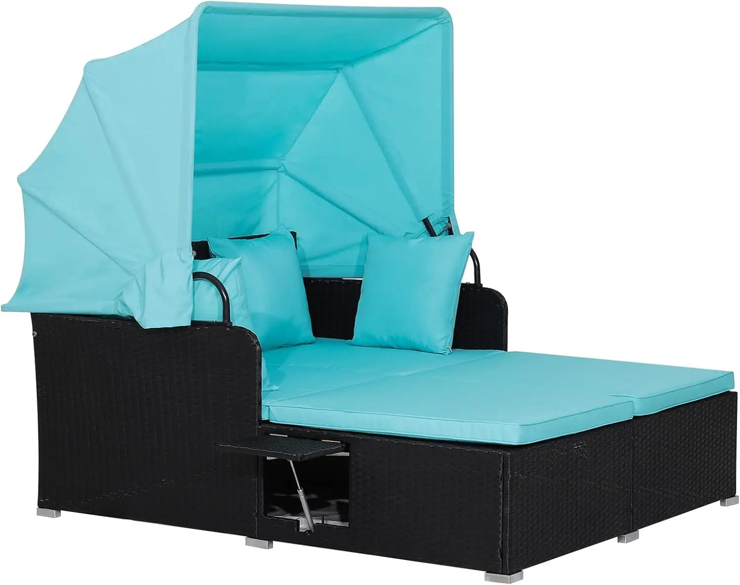 Patio Outdoor Daybed with Canopy, Wicker Sunbed w/Cushions, 4 Pillows & 2 Retractable Side Trays, 2-Person Lounge Bed