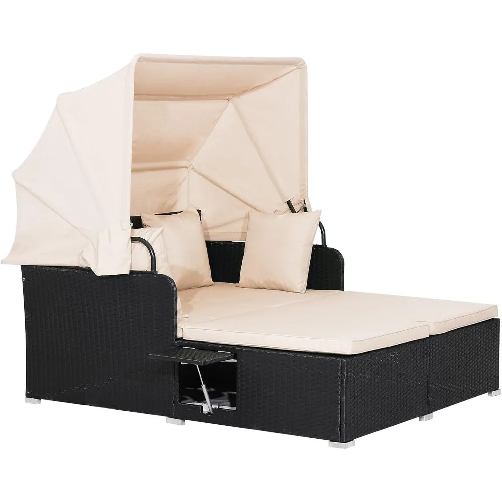 Patio Outdoor Daybed with Canopy, Wicker Sunbed w/Cushions, 4 Pillows & 2 Retractable Side Trays, 2-Person Lounge Bed