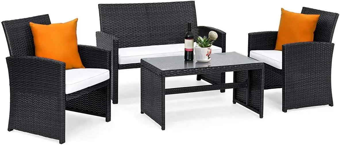 Rattan Patio Furniture Set, Outdoor Wicker Conversation Sofa with Weather Resistant Cushions and Tempered Glass Tabletop