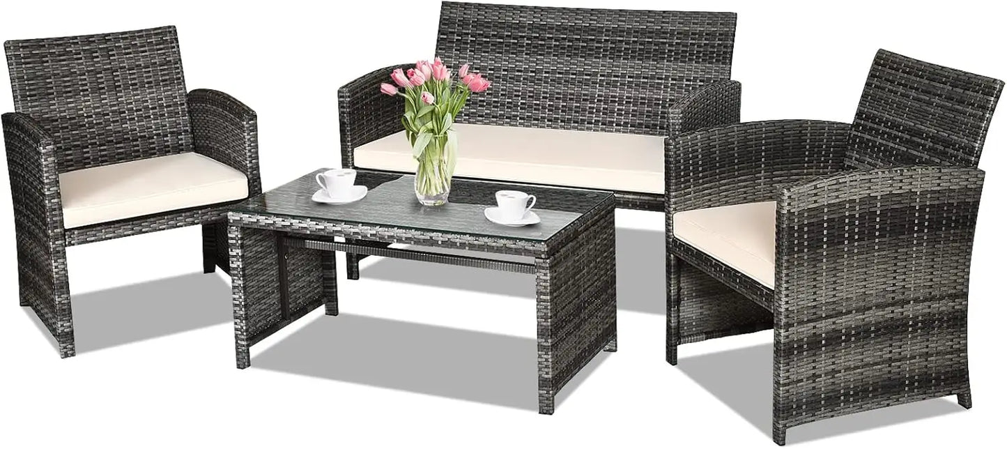 Rattan Patio Furniture Set, Outdoor Wicker Conversation Sofa with Weather Resistant Cushions and Tempered Glass Tabletop