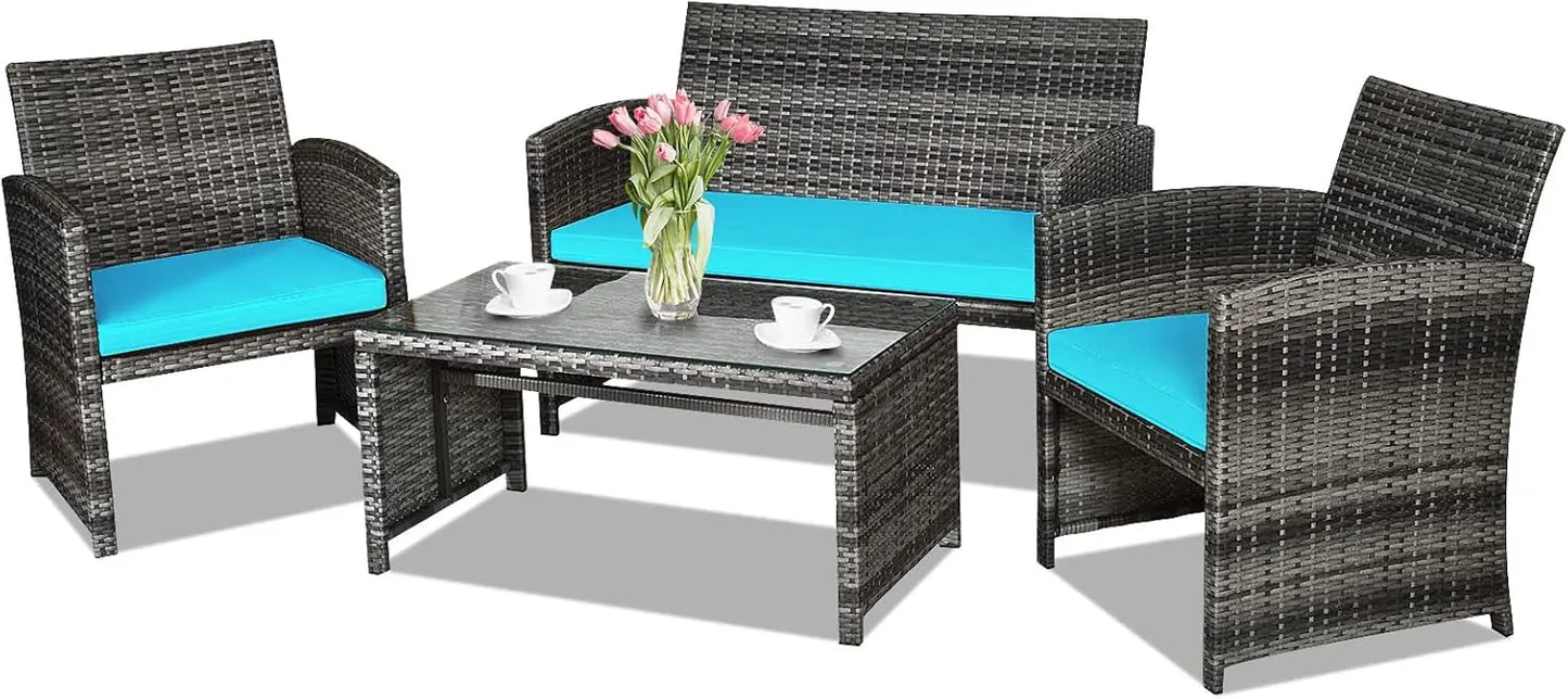 Rattan Patio Furniture Set, Outdoor Wicker Conversation Sofa with Weather Resistant Cushions and Tempered Glass Tabletop