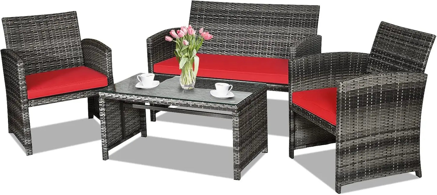 Rattan Patio Furniture Set, Outdoor Wicker Conversation Sofa with Weather Resistant Cushions and Tempered Glass Tabletop