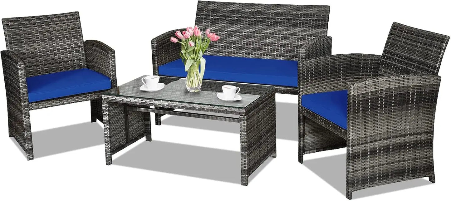 Rattan Patio Furniture Set, Outdoor Wicker Conversation Sofa with Weather Resistant Cushions and Tempered Glass Tabletop