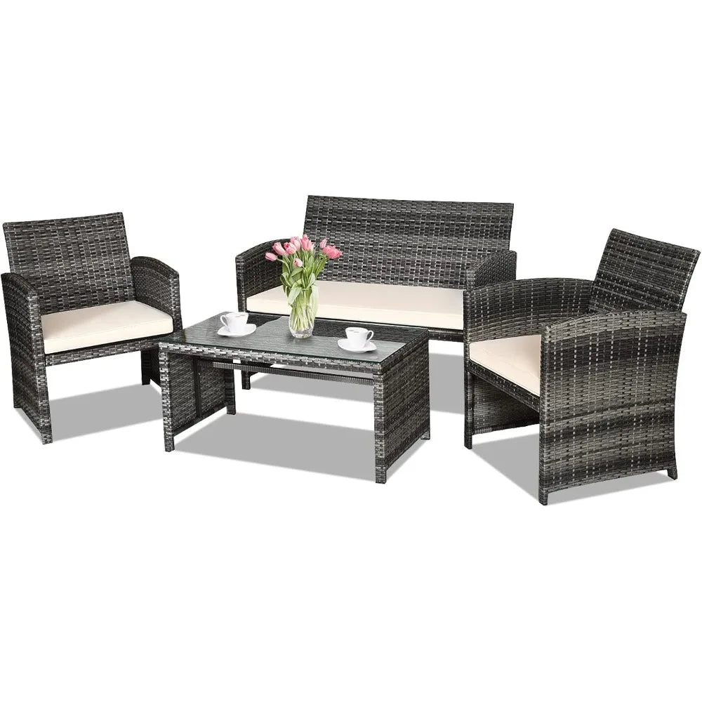 Rattan Patio Furniture Set, Outdoor Wicker Conversation Sofa with Weather Resistant Cushions and Tempered Glass Tabletop