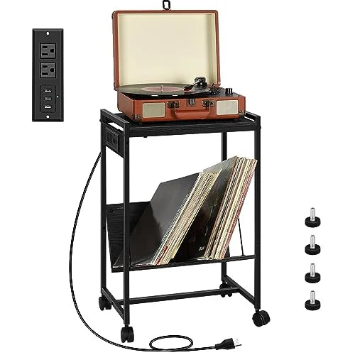 Record Player Stand with Vinyl Storage Side Table with Charging Station, 2 Tier with wheels Record Player Table for Living Room