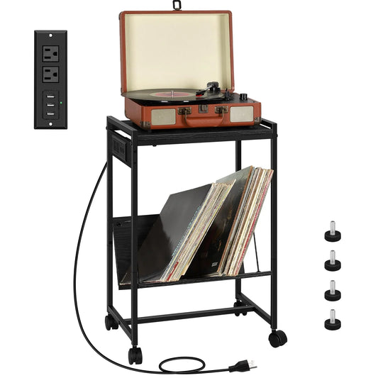 Record Player Stand with Vinyl Storage Side Table with Charging Station, 2 Tier with wheels Record Player Table for Living Room