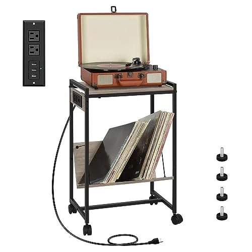 Record Player Stand with Vinyl Storage Side Table with Charging Station, 2 Tier with wheels Record Player Table for Living Room