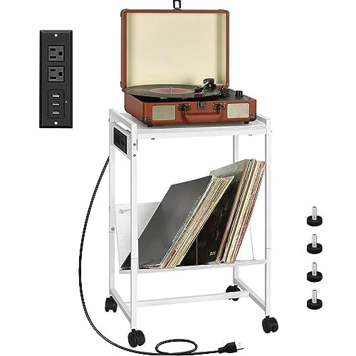 Record Player Stand with Vinyl Storage Side Table with Charging Station, 2 Tier with wheels Record Player Table for Living Room