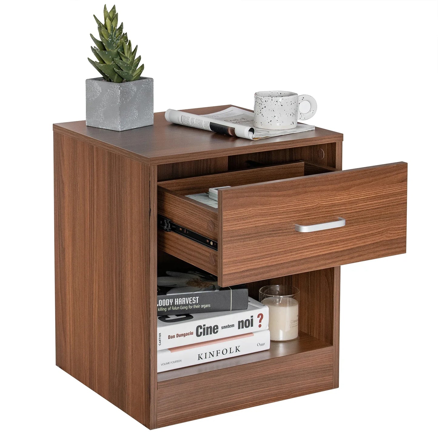 Nightstand with Drawer Storage Cabinet Modern Beside End Table Brown