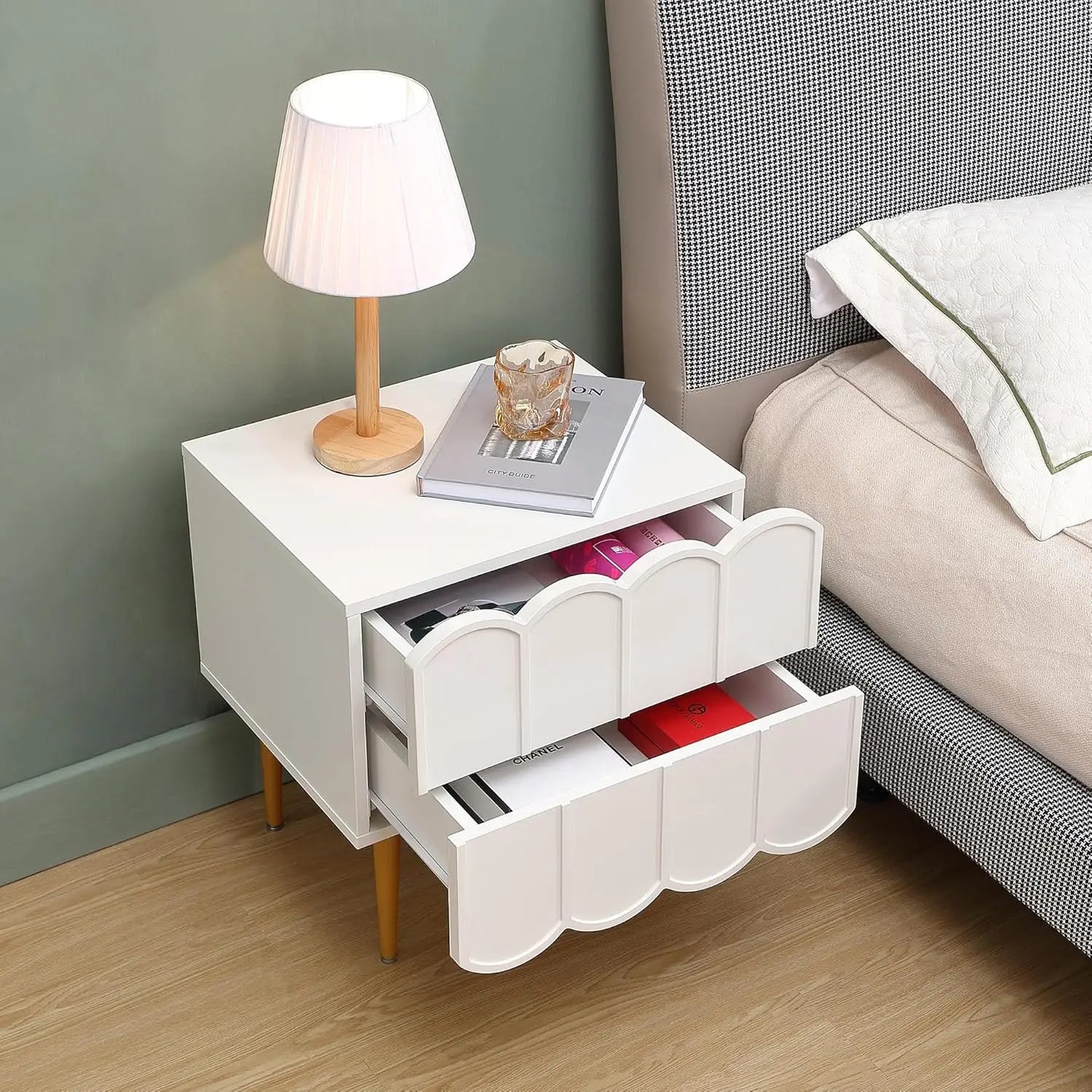 Nightstands with Drawers, White Bedside Table for Bedroom, End Table with Storage for Livingroom. White/Gold