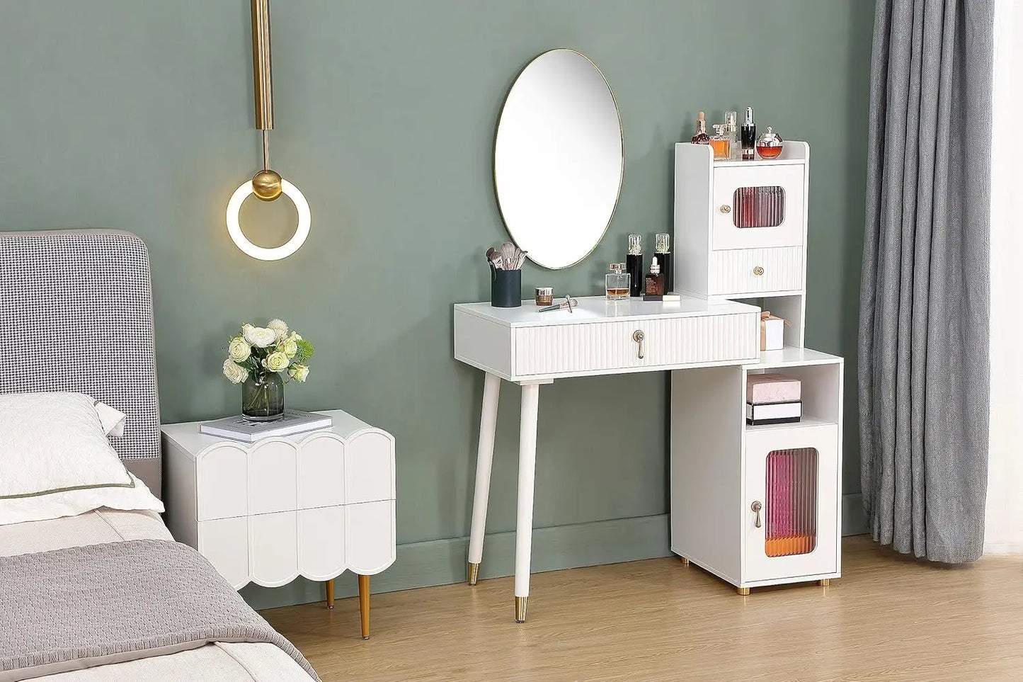 Nightstands with Drawers, White Bedside Table for Bedroom, End Table with Storage for Livingroom. White/Gold