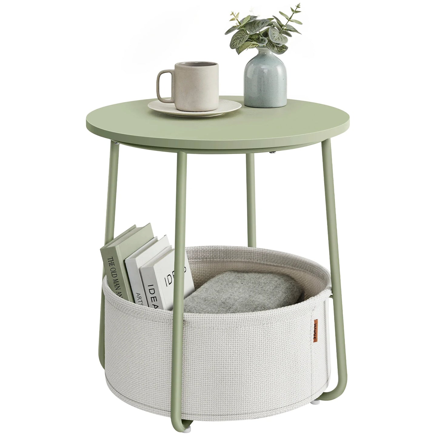 End Table, Small Bedside Table with Fabric Basket, Modern Nightstand, Round Side Table, for Living Room, Bedroom