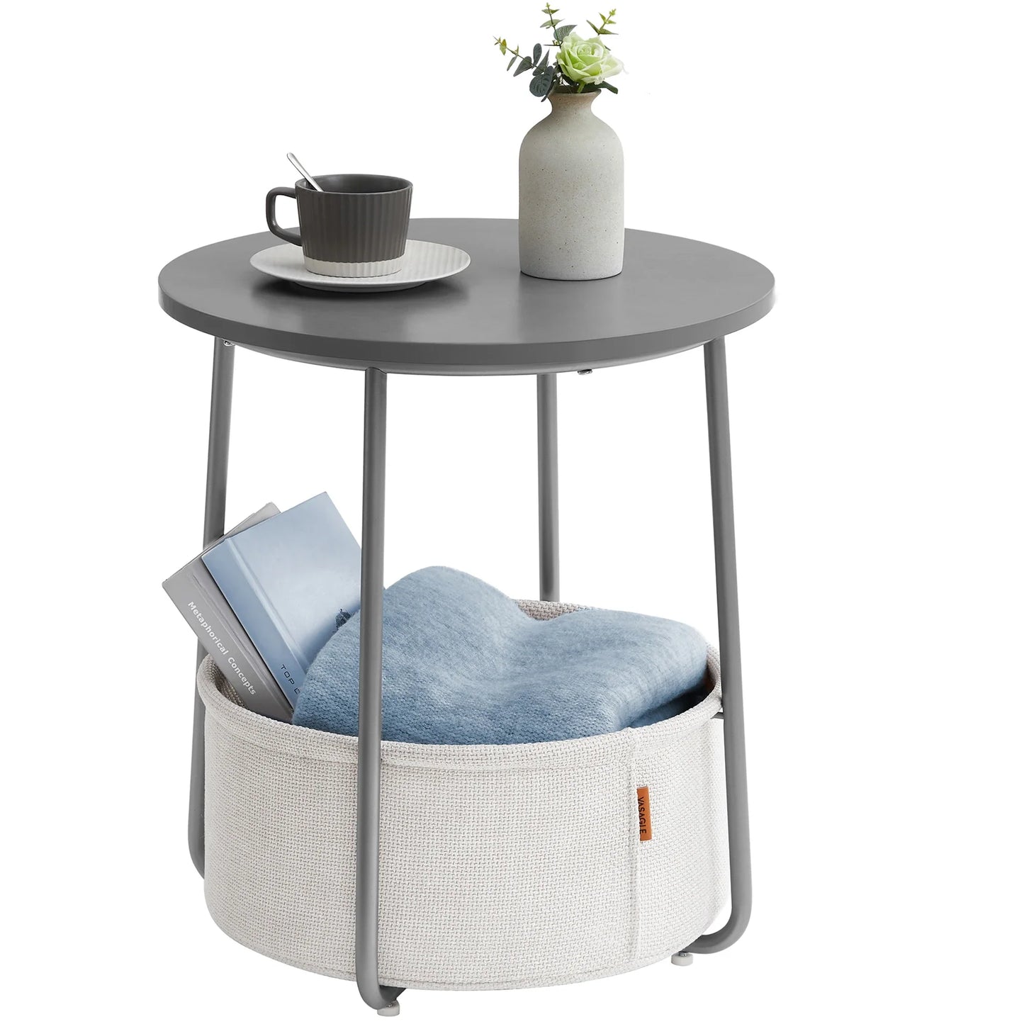 End Table, Small Bedside Table with Fabric Basket, Modern Nightstand, Round Side Table, for Living Room, Bedroom