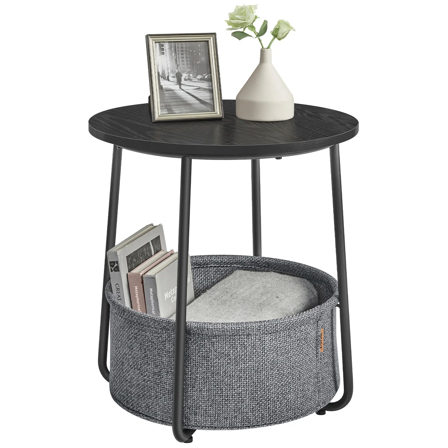 End Table, Small Bedside Table with Fabric Basket, Modern Nightstand, Round Side Table, for Living Room, Bedroom