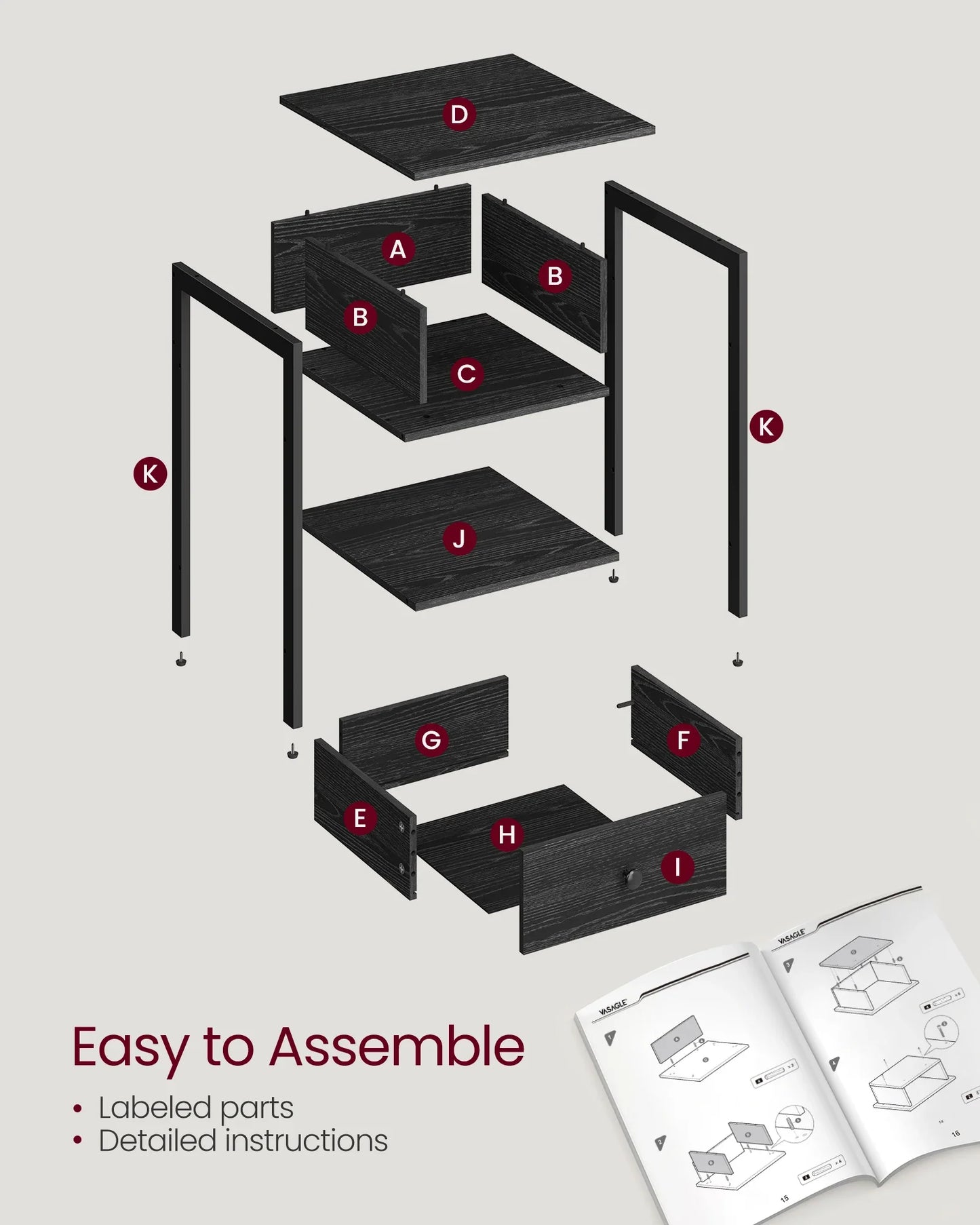 Nightstand, End Table, Side Table with Drawer and Shelf, 15.7 x 15.7 x 21.7 Inches, Bedroom, Steel Frame, Easy Assembly