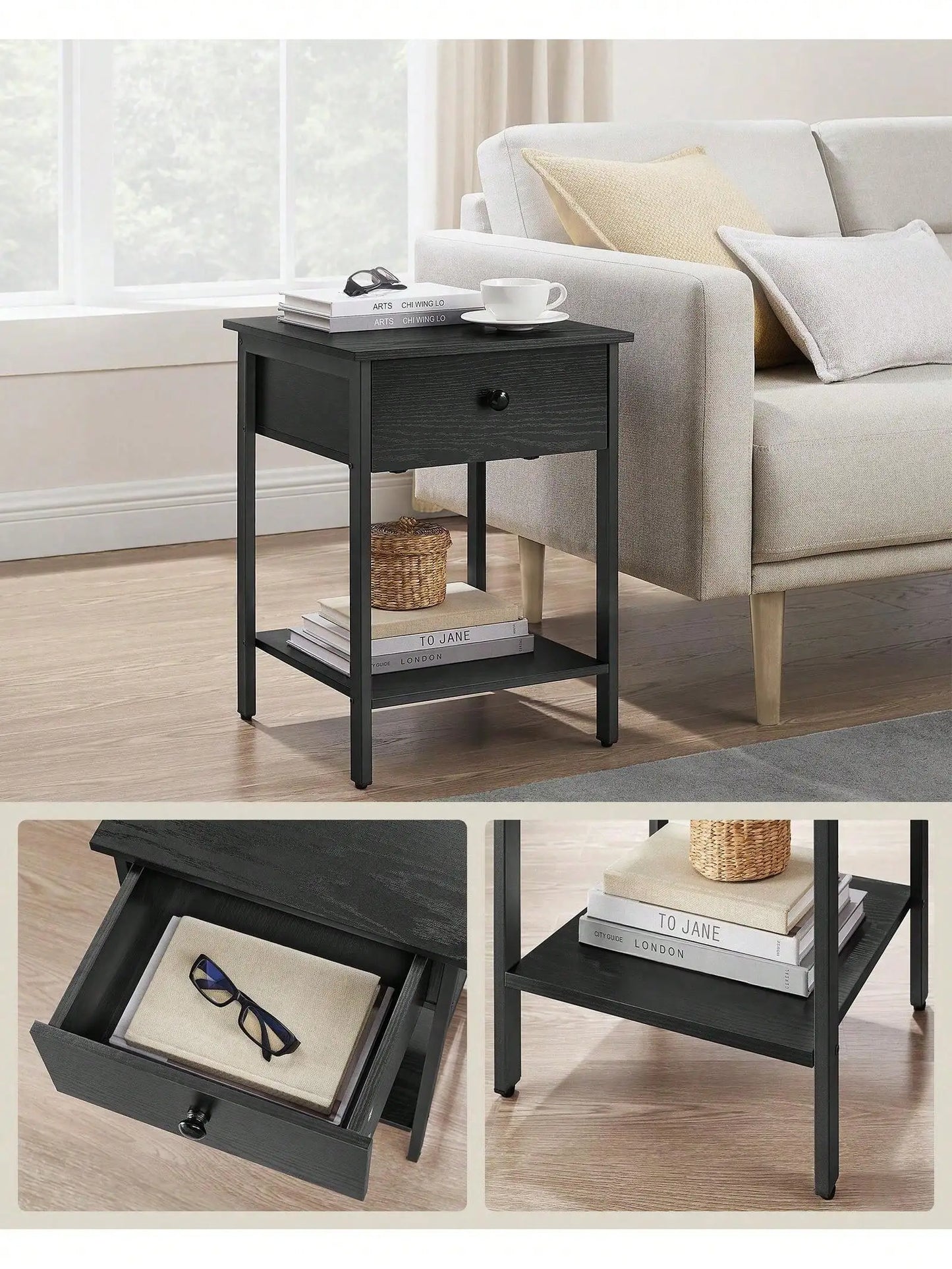 Nightstand, End Table, Side Table with Drawer and Shelf, 15.7 x 15.7 x 21.7 Inches, Bedroom, Steel Frame, Easy Assembly