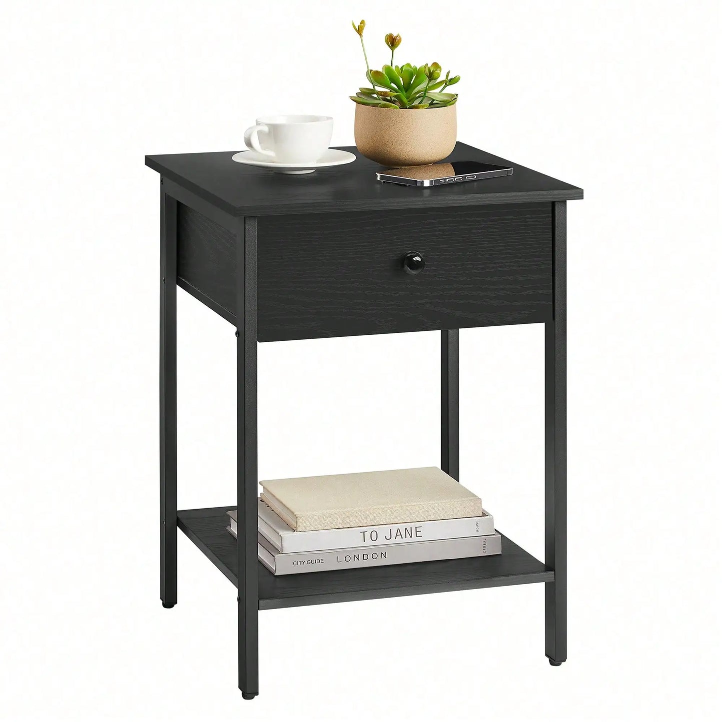 Nightstand, End Table, Side Table with Drawer and Shelf, 15.7 x 15.7 x 21.7 Inches, Bedroom, Steel Frame, Easy Assembly