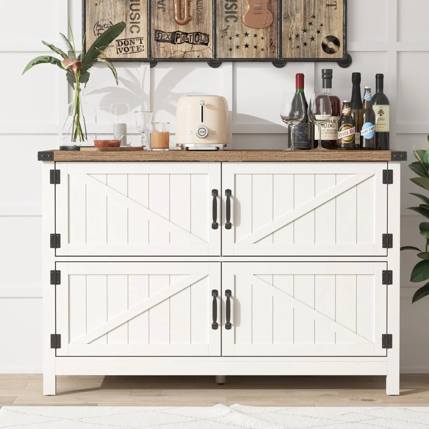 Sideboard Buffet Cabinet with 4 Doors Kitchen Storage Cabinet Wooden Coffee Bar Buffet Cabinet for Dining Room Furniture