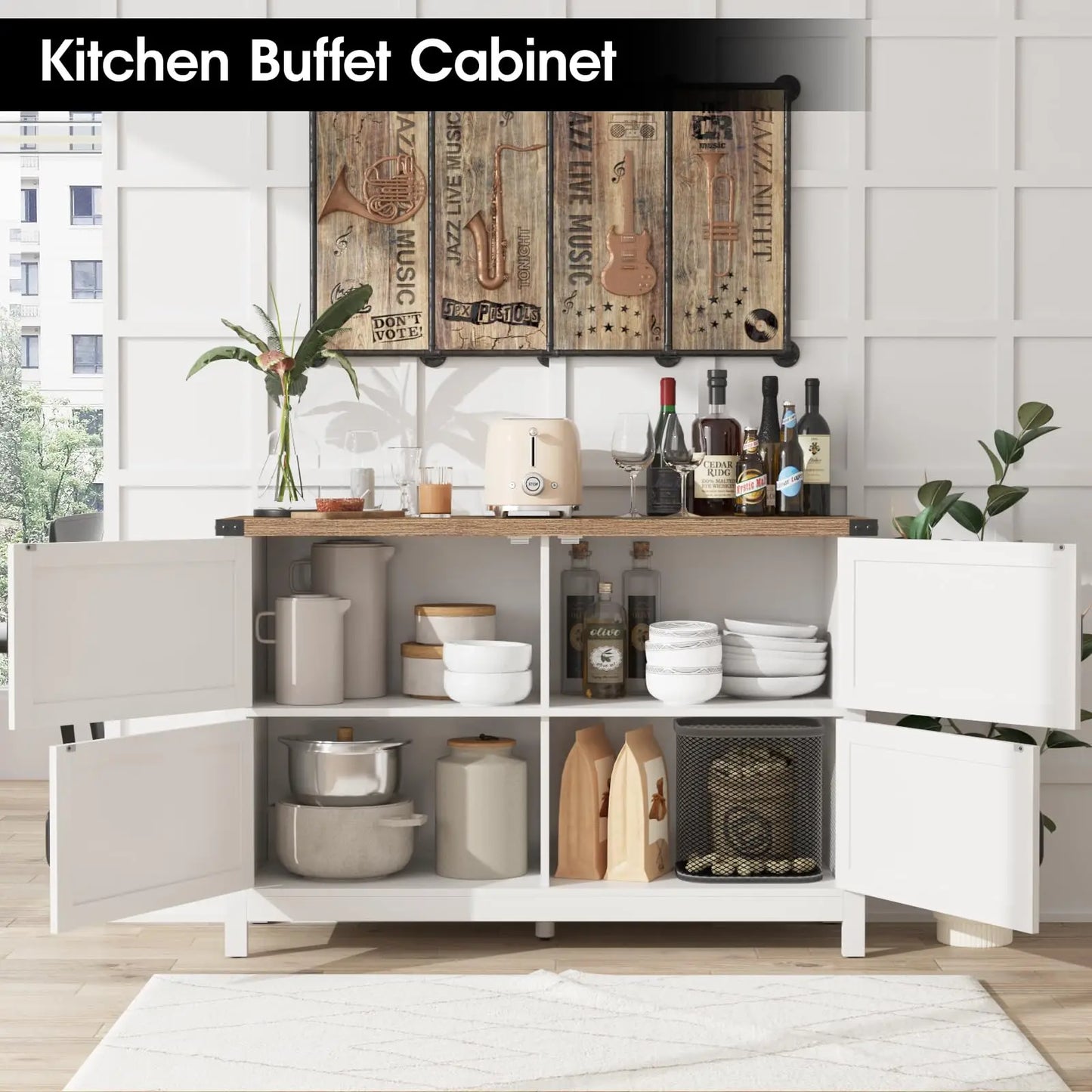 Sideboard Buffet Cabinet with 4 Doors Kitchen Storage Cabinet Wooden Coffee Bar Buffet Cabinet for Dining Room Furniture